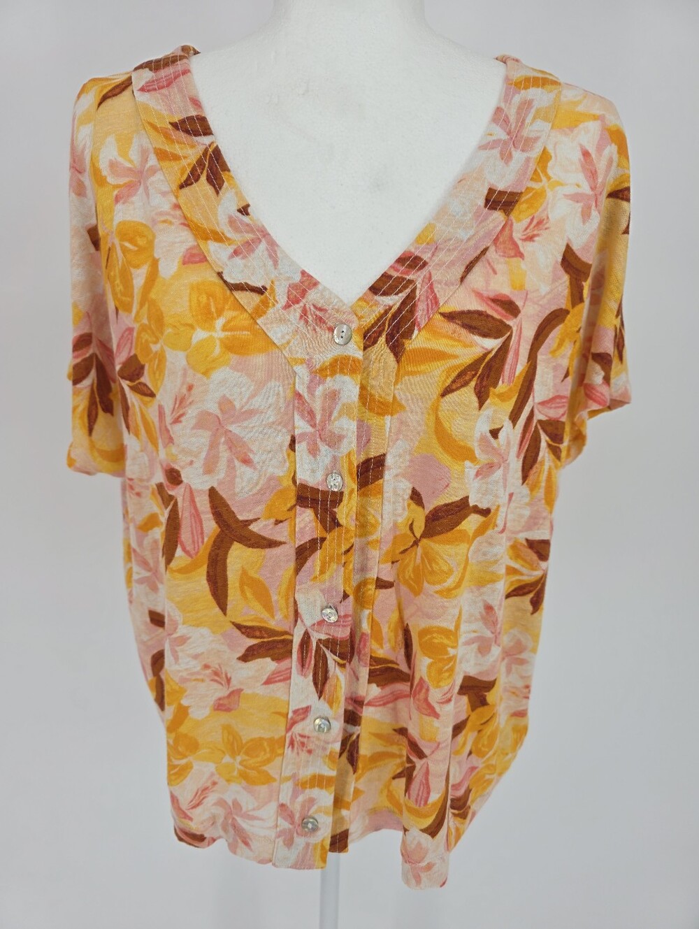 Tahari 100% Linen Floral Button Front Top XL Pink Yellow Short Sleeve